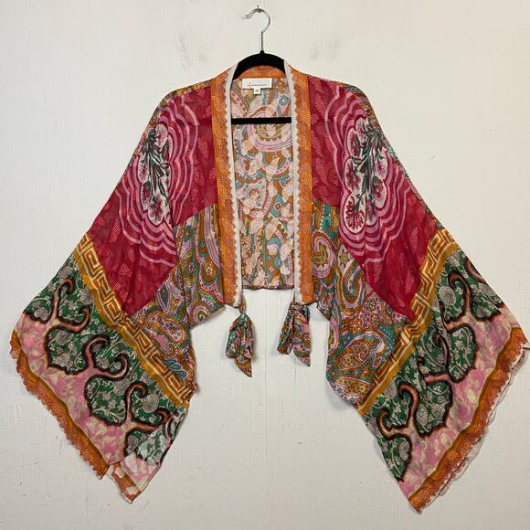 By Anthropologie Tie Front Multicolor Floral Printed Shine Boho Kimono One Size - Picture 2 of 11
